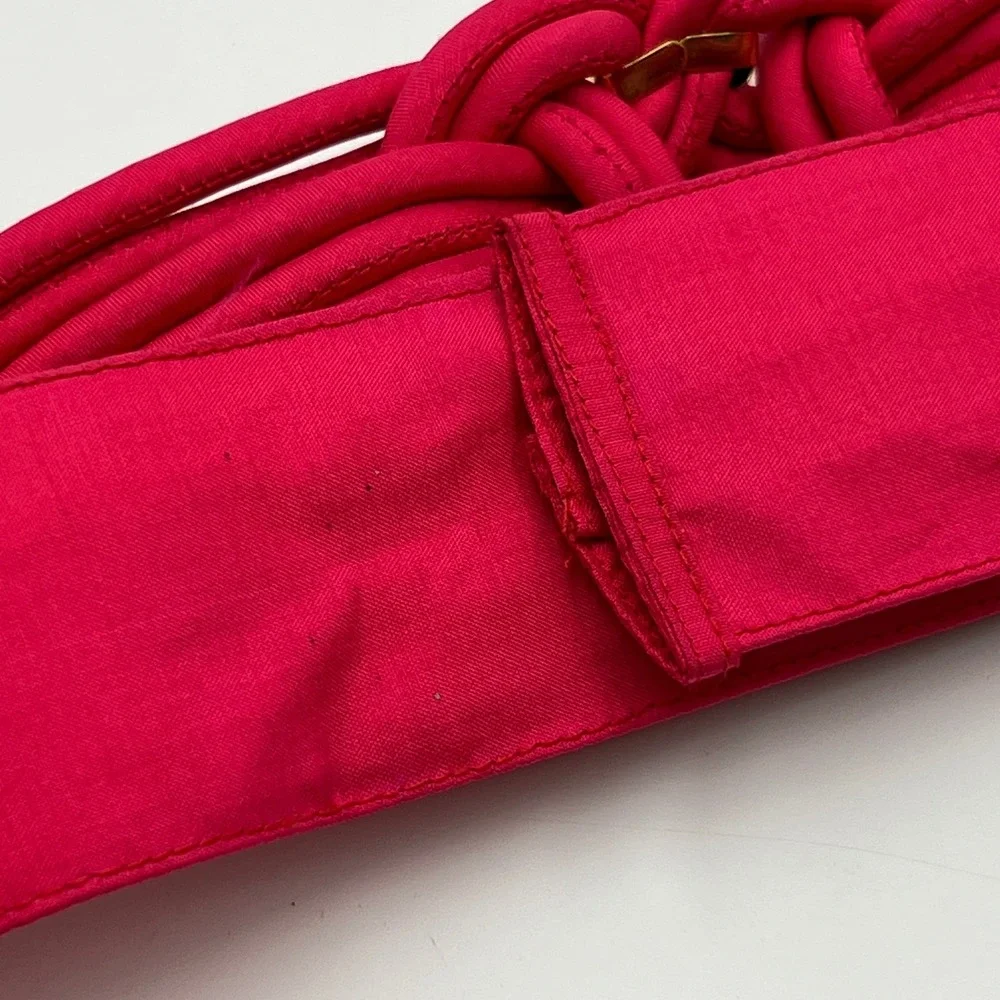 VTG 80s Hot Pink Knotted Braided Fabric Statement Belt Gold Hook Loop Retro S/M